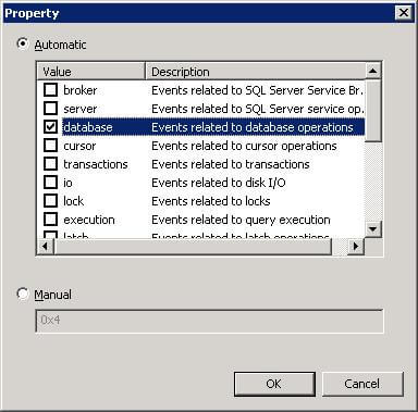 Selecting database operation events 