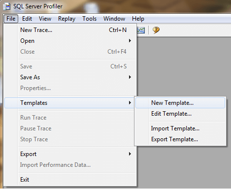 A blank SQL Server Profiler window is opened