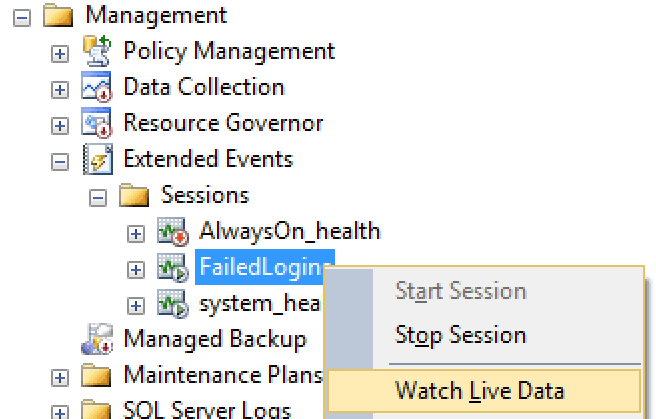 Context menu option for viewing live session data