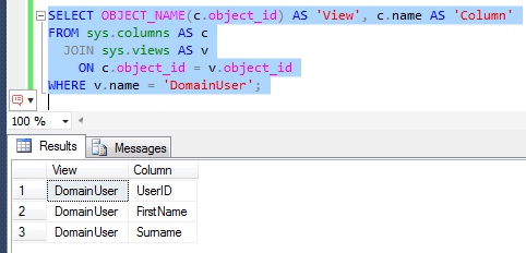 View only has three columns according to sys.columns