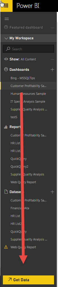 To use the Power BI Content Pack, click on the Get Data option at the bottom of the Power BI navigation pane