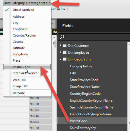 Set the Data Category for Postal Code to Postal Code in Power BI Q&A