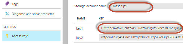 Microsoft Azure Storage Account Name and Key 1