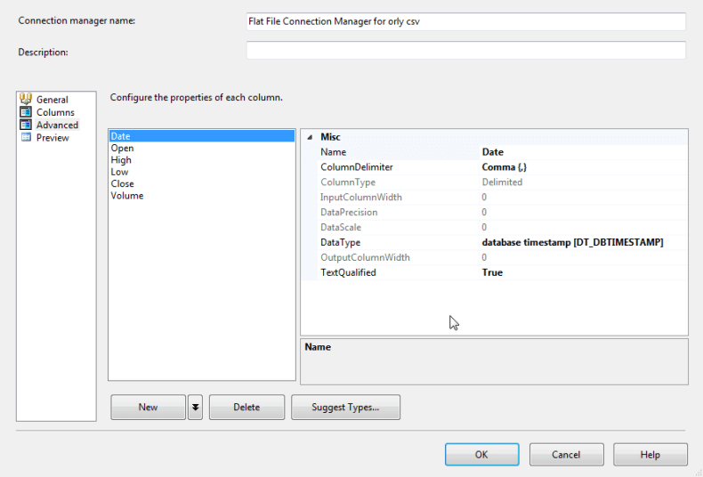 Date column in the Advanced Tab of the SQL Server Integration Services Connection Manager