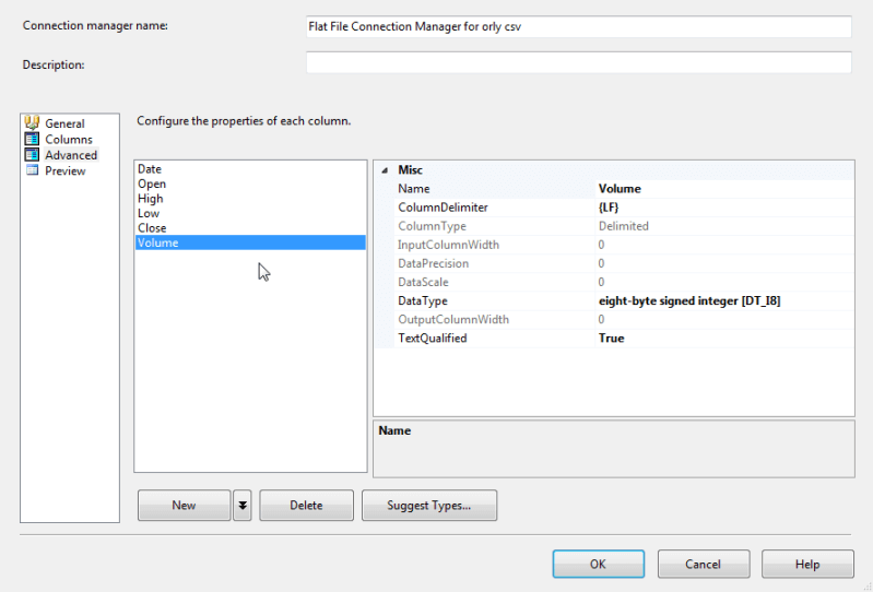 Volume column in the Advanced Tab of the SQL Server Integration Services Connection Manager