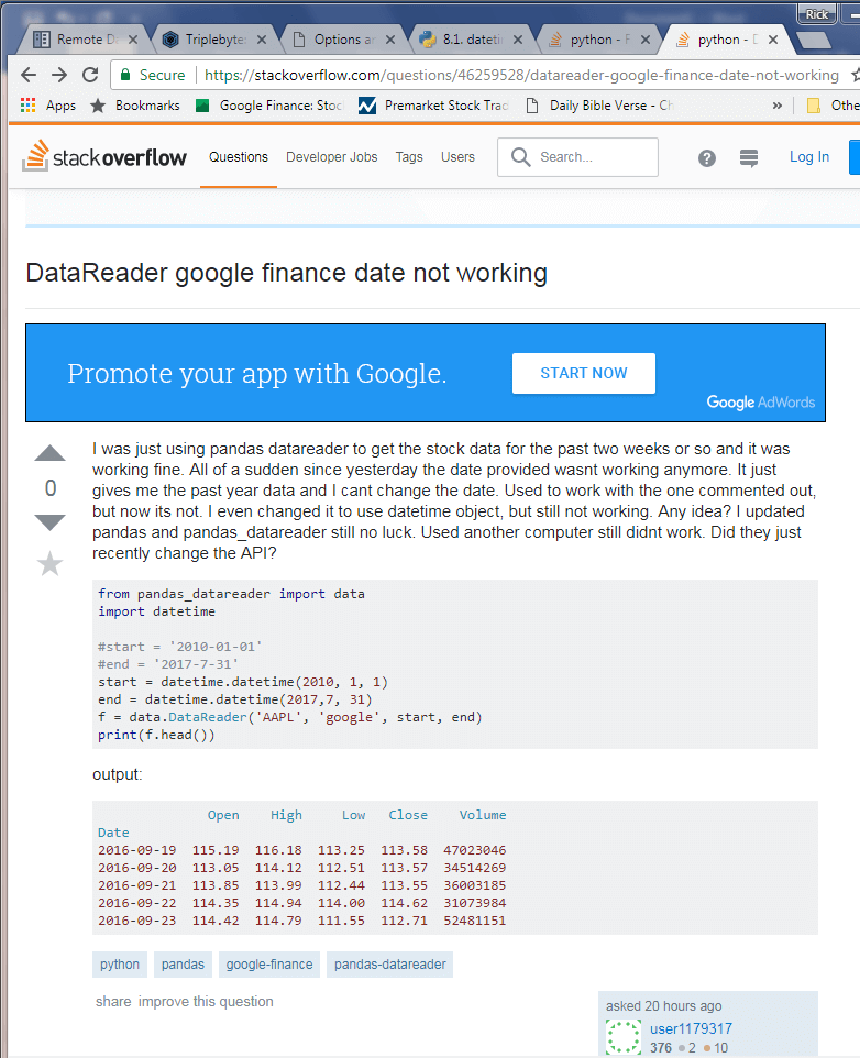 DataReader on Google Finance - Date is not working