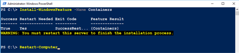 PowerShell code Install-WindowsFeature Name Containers
