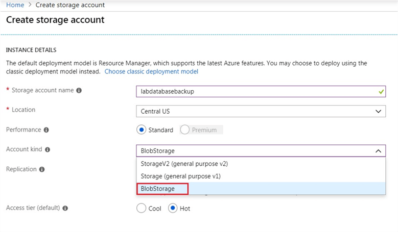 Create Azure Storage Account and select BlobStorage