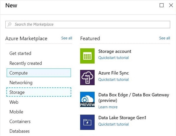 Azure Portal - Create Resource Button - Use the menu to select a normal storage account creation.
