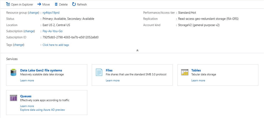 Azure Portal - Storage Account - The overview page now shows ADLS Gen 2 file system instead of Blob Storage.