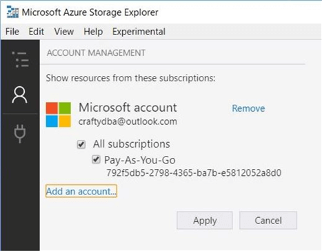 Azure Storage Explorer - Account Management - Add the admin account to start.