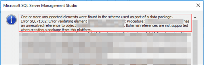 Errors from the Export Data-tier Application
