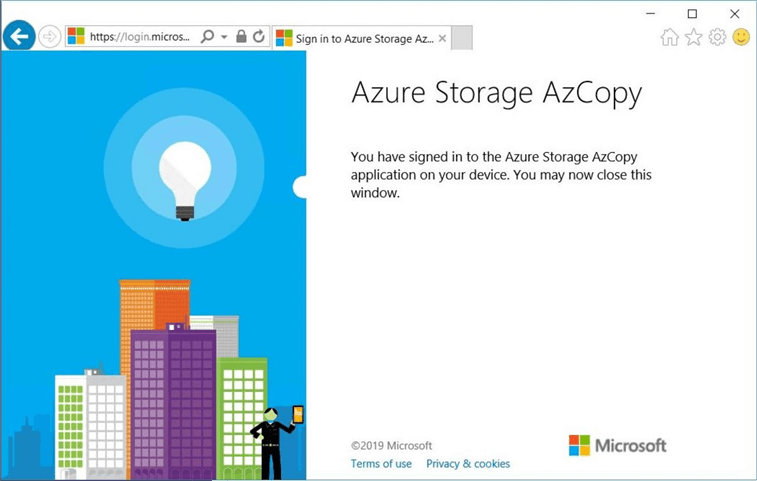 The login to Azure Storage is now complete and succesful.