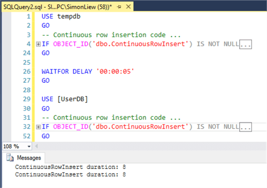 The same code completed in 8 seconds on TempDB and 8 seconds in UserDB