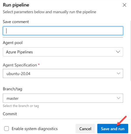 Step to save and run the pipeline in ADO
