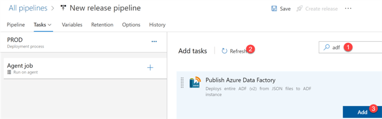 Steps to add the ADF Publish task to the release pipeline.
