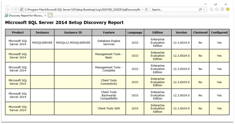 microsoft sql server installed features report
