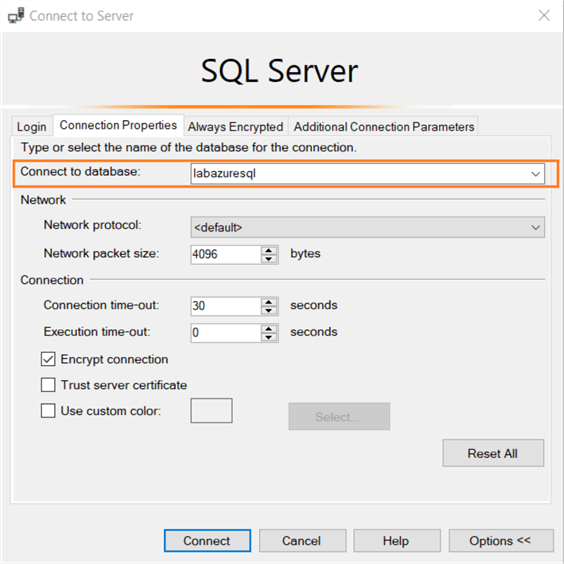 connect to sql server specific database