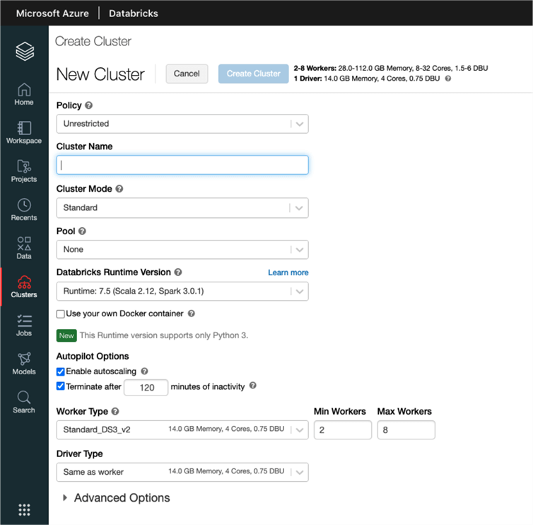 Shows the user interface to create a new cluster in Databricks.