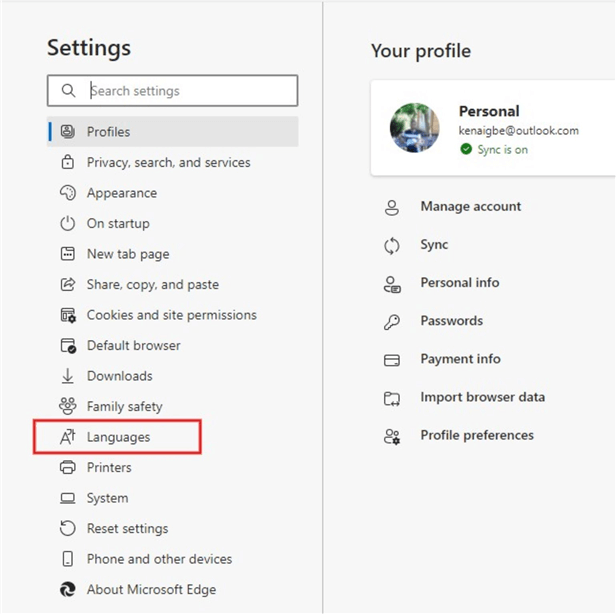 Selecting Language section of Edge browser Settings page