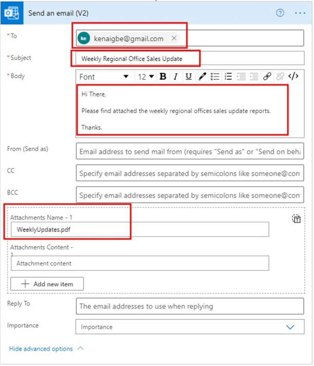 Configuring the Send an email flow step 2 