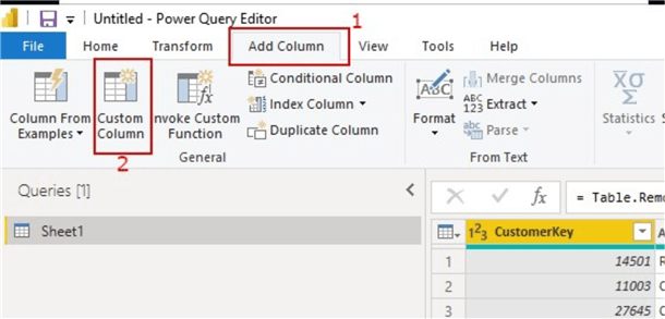 Create new columns using Custom Column in Power Query.