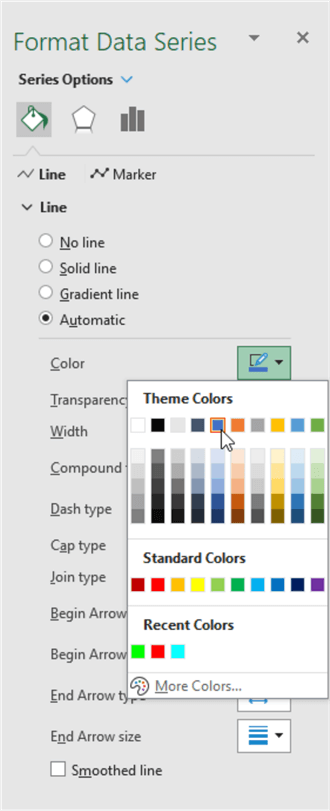 Format Data Series menu, theme color in Excel