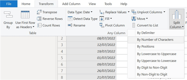 Splitting column option using fixed number of characters.