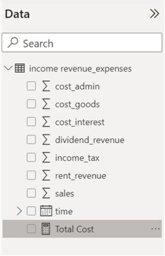 Data section in main interface of Power BI