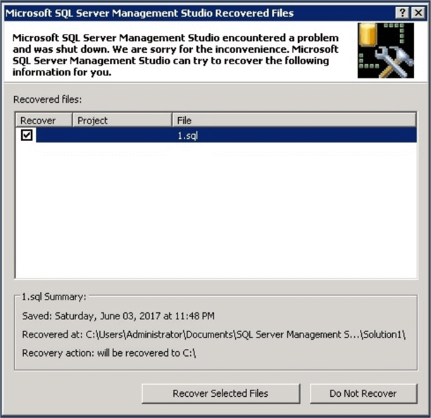 SQL Server Management Studio Recovered Files