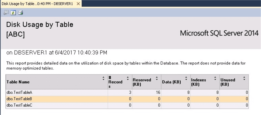 SQL Server Management Studio Disk Usage by Table Report