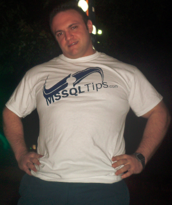 Daniel Farina showing off his new MSSQLTips.com t-