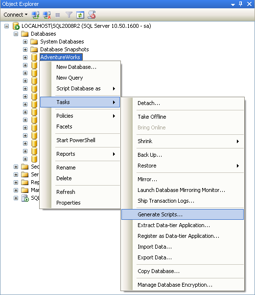 SQL Server 2008 R2 Generate Scripts Wizard with Database Schema and Data
