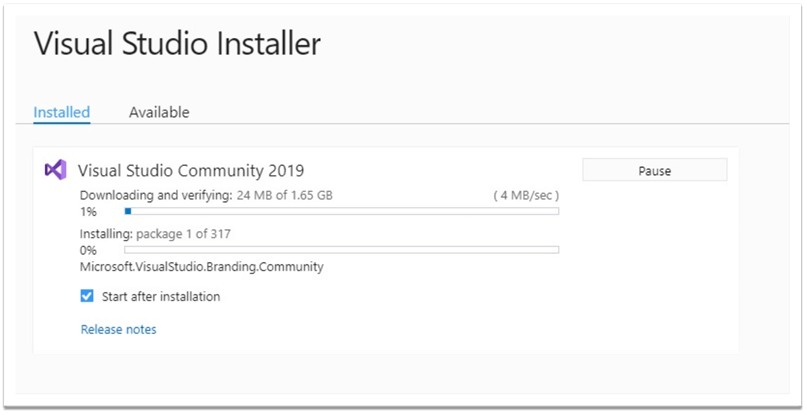 Visual Studio Community 2019安装程序进度