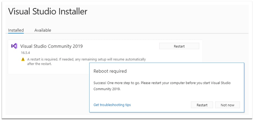 需要重新启动Visual Studio Community 2019