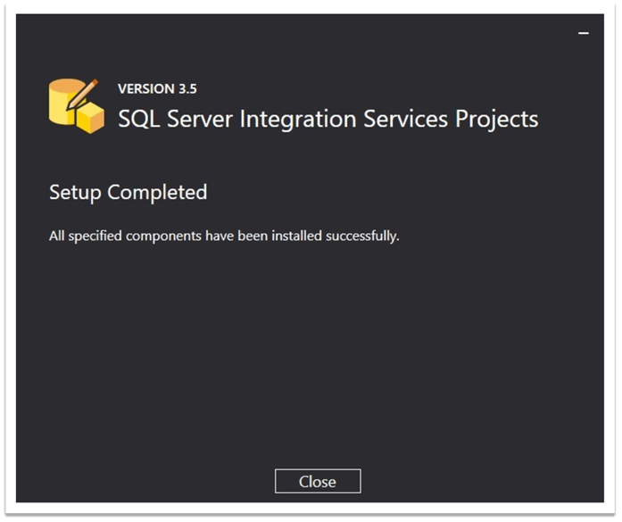 Visual Studio Community 2019 Edition中SQL Server Integration Services项目的安装完成