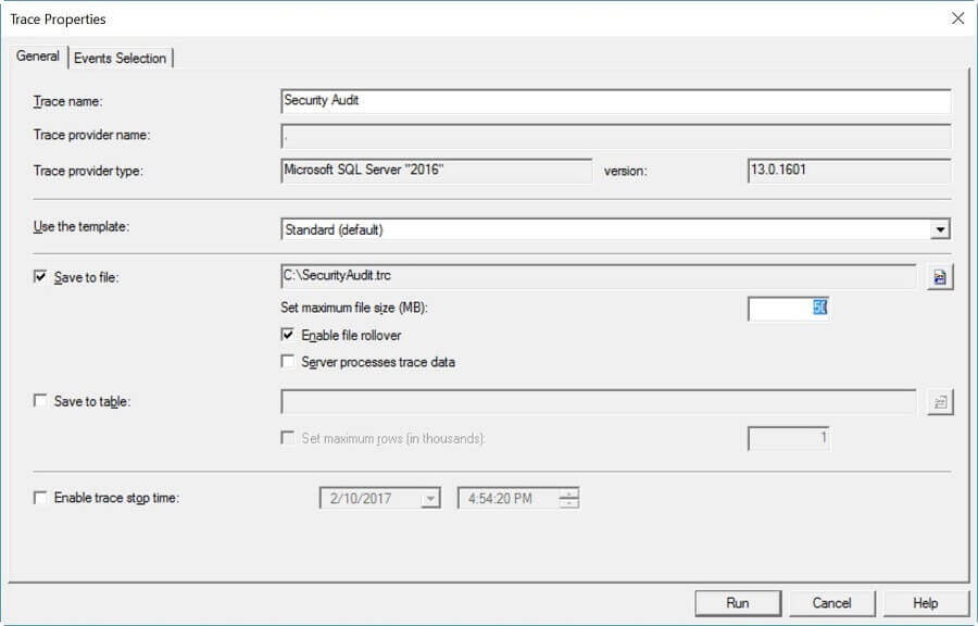 General Tab for SQL Server Trace Setup