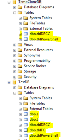 tables in SQL Server Management Studio with DBCC CloneDatabase