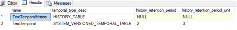 History retention information can be retrieved from sys.tables system table.