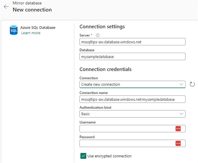 enter server and database name in the connection settings