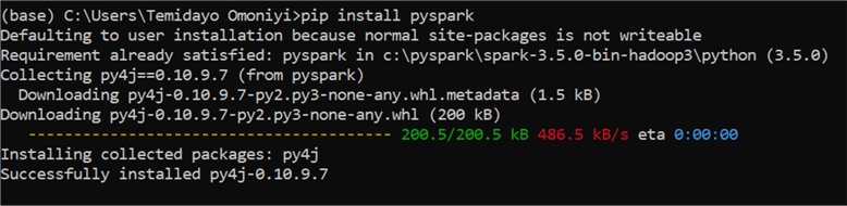 Pip install pyspark in command prompt.