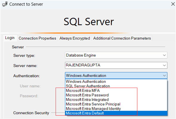 connection authentication includes Microsoft Entra