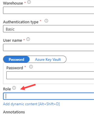 snowflake connection in azure data factory, with role option