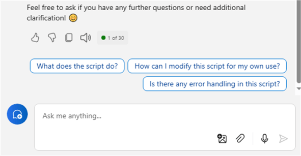 reminds the user to ask additional questions and offers some suggested questions to ask
