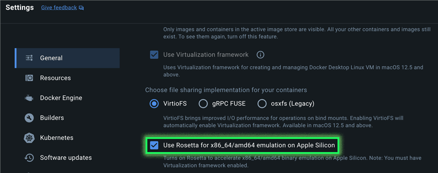 Rosetta option in Docker Desktop / Settings