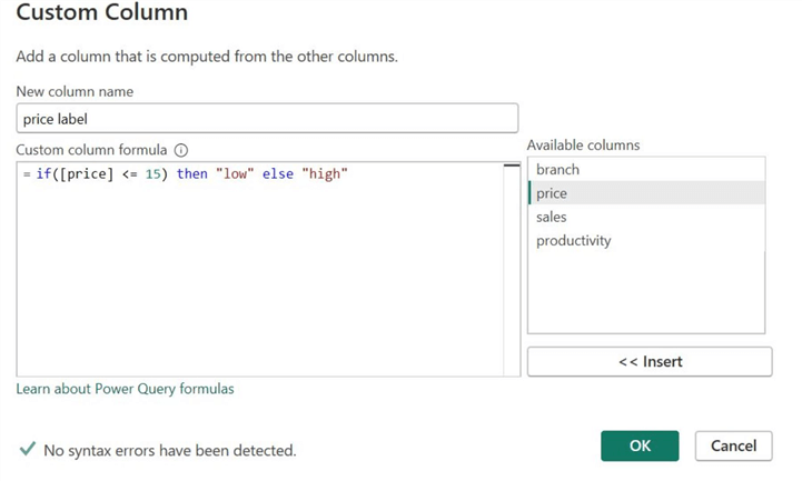 Custom column window with formula