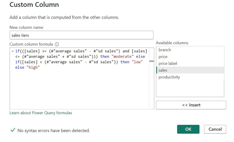 Custom column window with formula