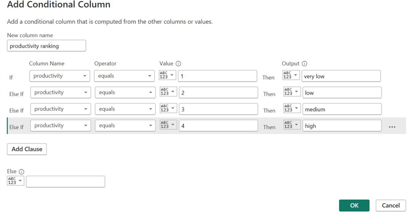 Conditional column window with clauses