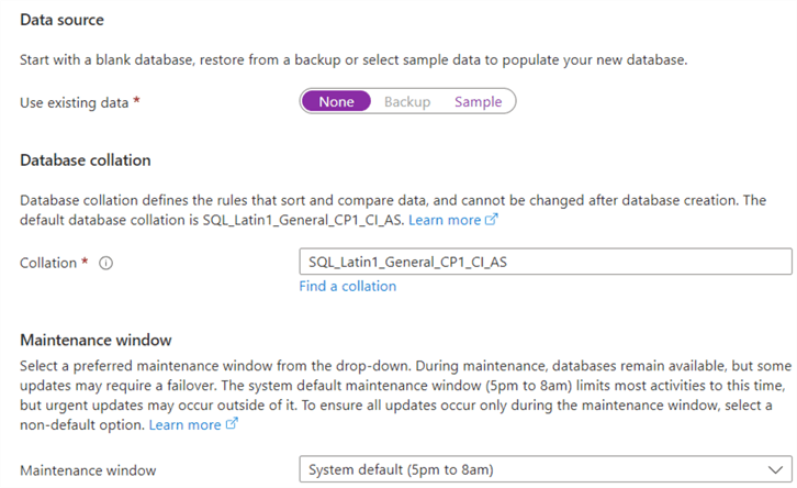 Data source, database collation, maintenance window