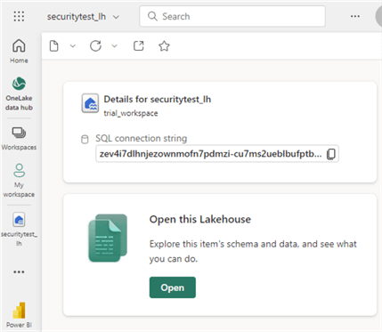 overview of the lakehouse in the onelake data hub, with the connection string